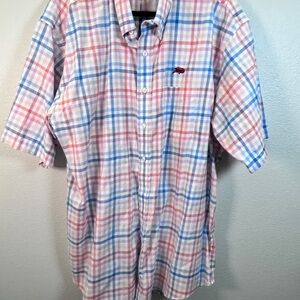 Men's Plaid Button-Down Shirt in Red, Blue, and White